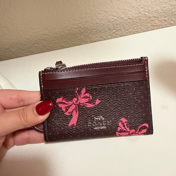 Coach Accessories - Coach Brown Leather Card Holder with Pink Bow Print